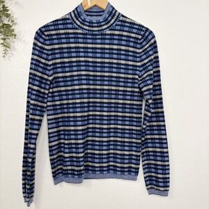 Pure‎ Navy Blue Plaid Mock Neck Long Sleeve Knit Top - Women's